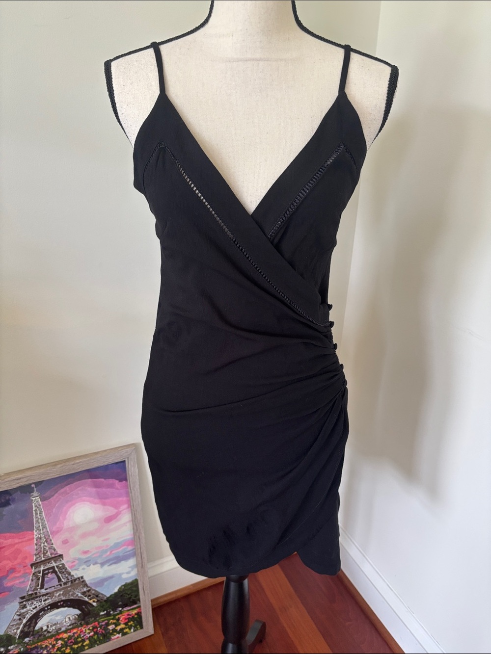 Free People Black Ruched Wrap Mini Dress with Spaghetti Straps